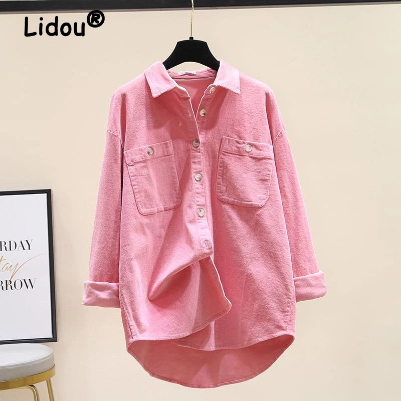 Women Simple Casual Streetwear Cotton Button Up Shirt Spring Autumn Fashion Irregular Long Sleeve Loose Blouse Solid Tunic Tops