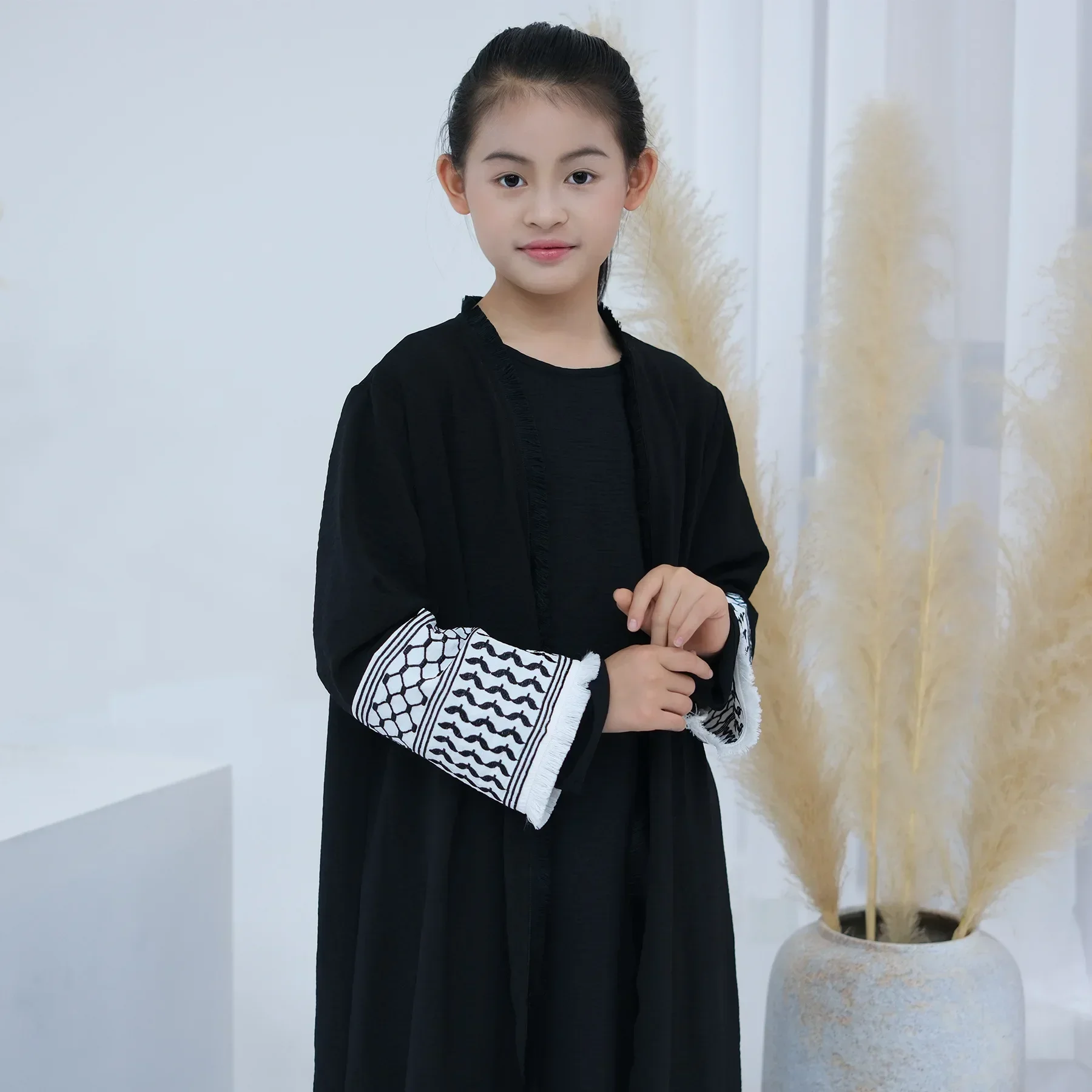 Embroidery Kimono Cardigan for Muslim Girls Kids Abaya Islamic Jalabiya Eid Djellaba Arabic Robe Child Open Abayas Turkey Kaftan