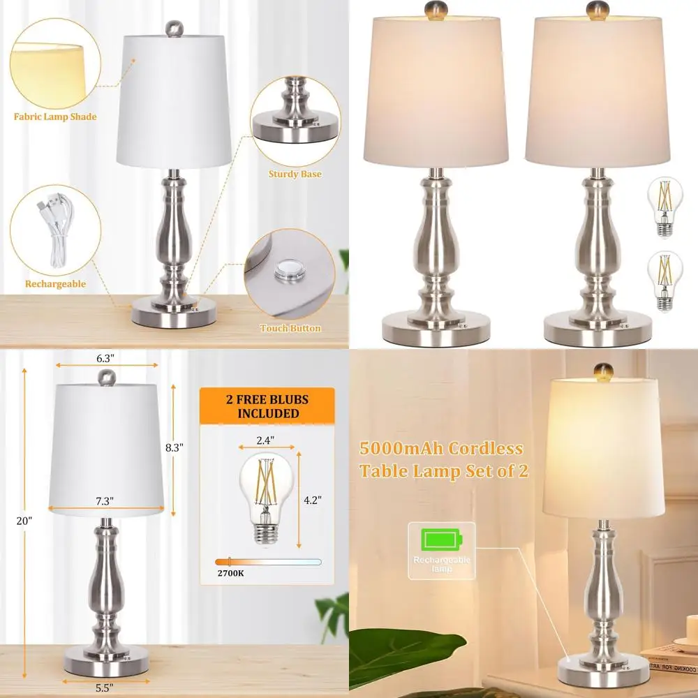 

Set of 2 Cordless LED Table Lamps with 3-Way Dimmable, Rechargeable Battery, Touch Control, Modern Bedside Desk Lamps for Home,