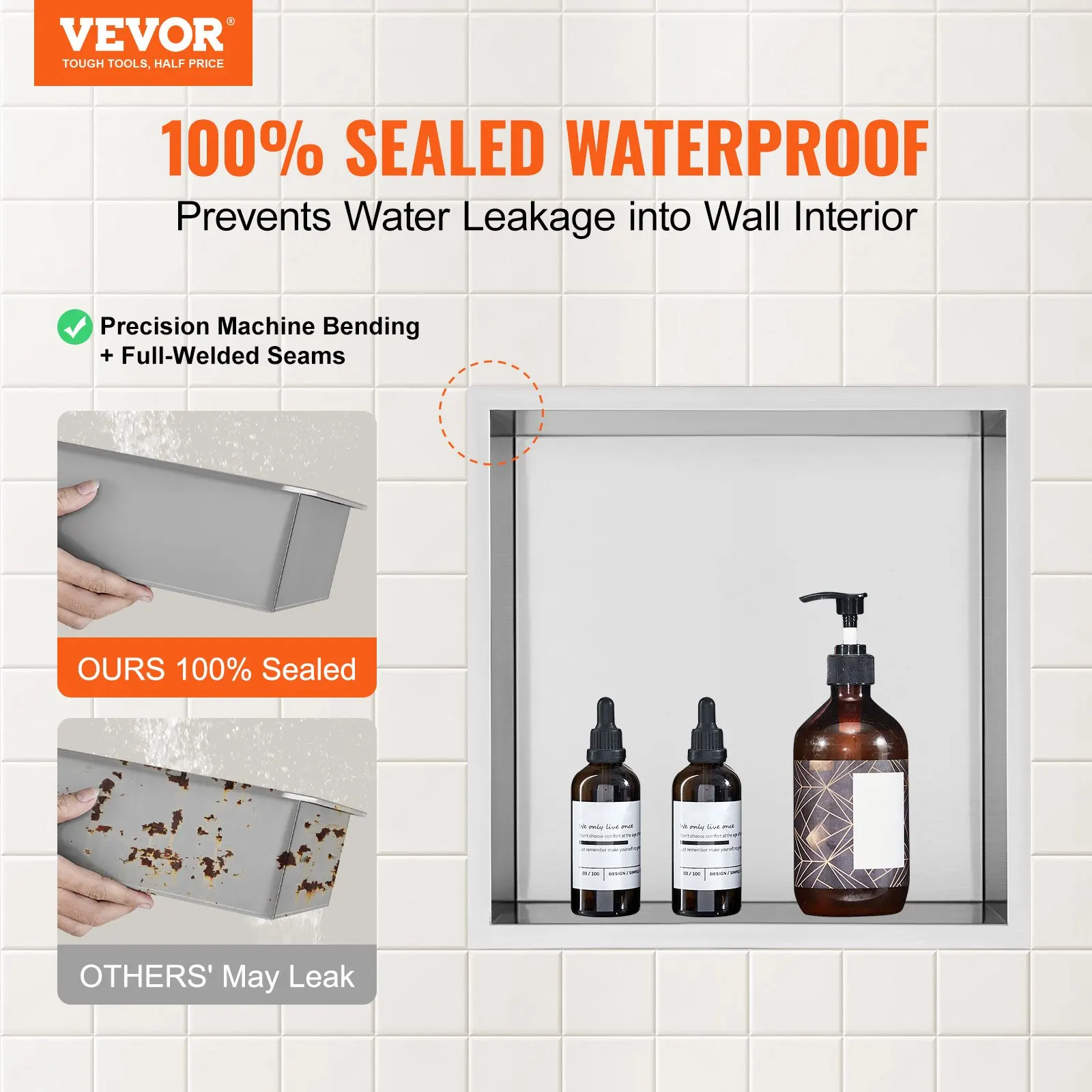 

13"x13" No Tile Shower Niche 304 Stainless Steel, Wall-Inserted Niche Recessed Double Shelves, Sealed Waterproof Rust-Resistant