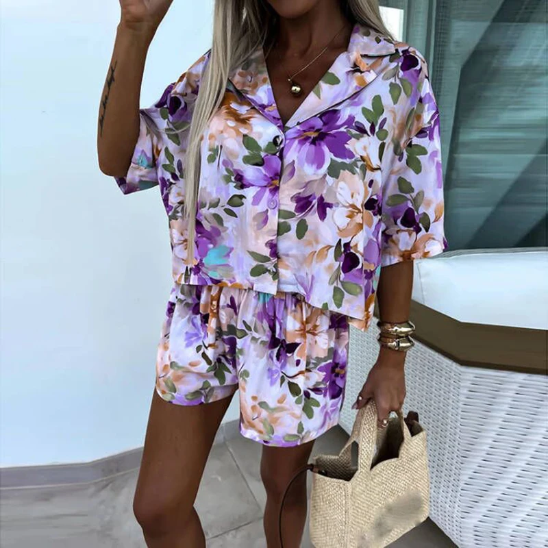 Fashion Bohemian Holiday Women Two Piece Set Pattern Printed Loose Summer Outfits Ladies Lapel Button Shirt + Shorts Beach Suit