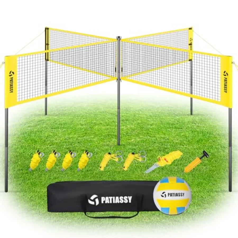 

4 Square Volleyball Game Set 4 Way Net System with 16FT 32FT Court Adjustable Height Backyard Badminton Combo Portable Outdoor