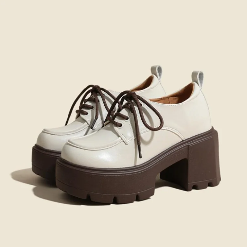 

British Style Women 12CM High Heel Shoes Lace-Up Round Toe Genuine Leather Patent Leather Thick Heel Casual Single Shoes