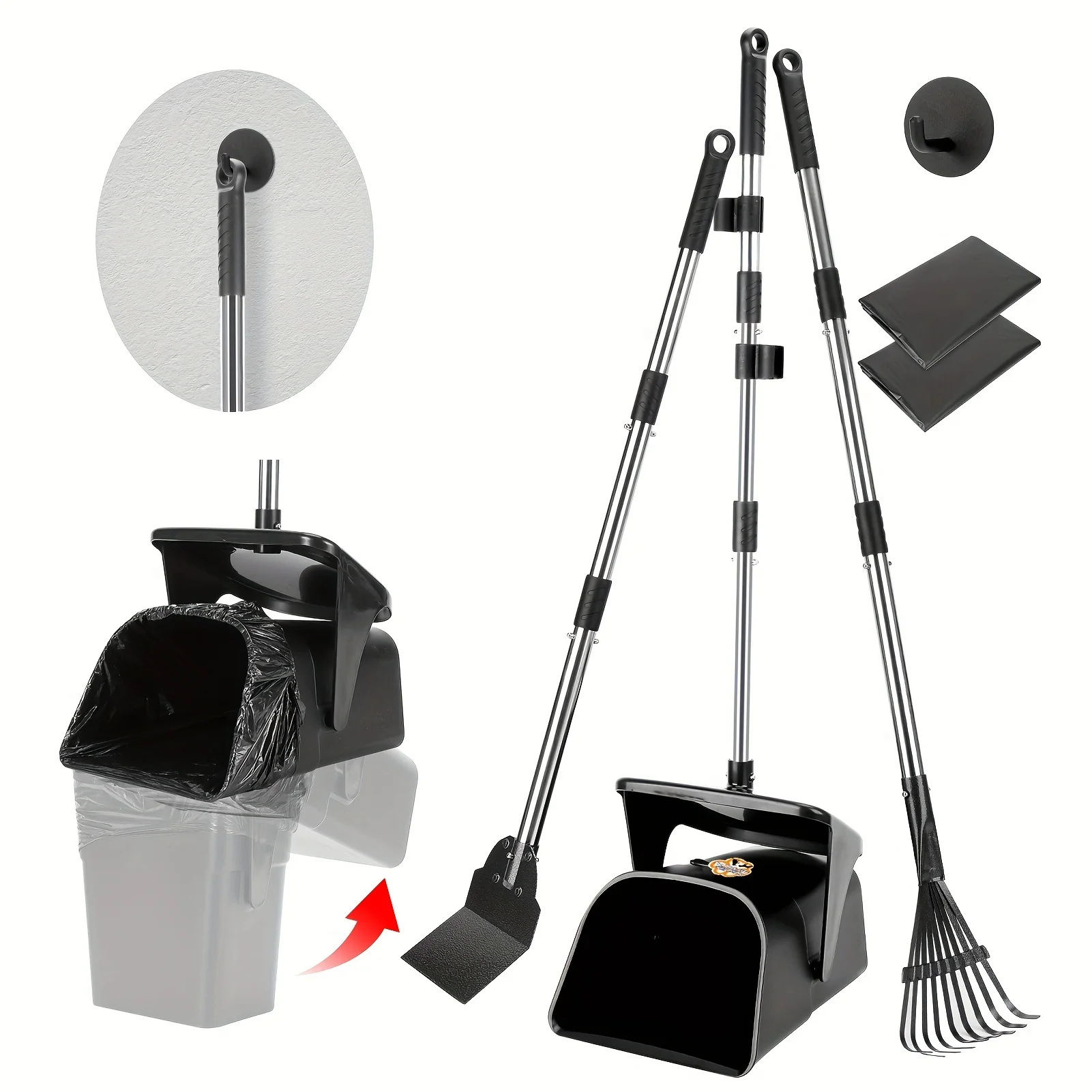 

Совок для уборки за собаками Pooper Scooper Large с поворотным контейнером, граблями и лопаткой, 20 пакетов для отходов и 1 крючок, 36,8-дюймовая длинная неломающаяся ручка
