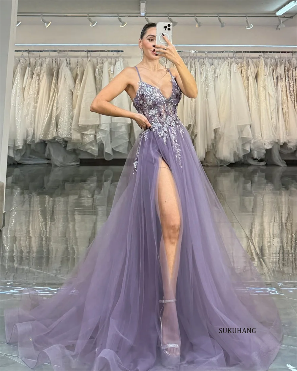 SUKUHANG السباغيتي حزام الأرجواني ألف خط فساتين السهرة تول فساتين حفلة موسيقية يزين حسب الطلب #4
