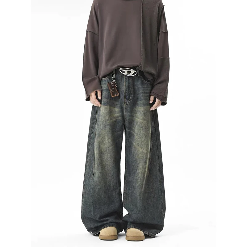 ZHIZOU Korean Vintage Y2K 2000s Blue Washed Jeans Women's 2025 Autumn Loose High Waisted Straight Leg Pants Female Clothing