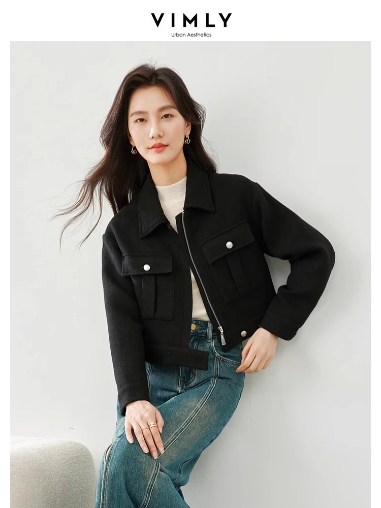 Vimly Black Woolen Cropped Jacket Full Zipper Lapel Drop Sleeve Wool Blend Coat 2024 Spring Warm Casual Female Outerwear M6051