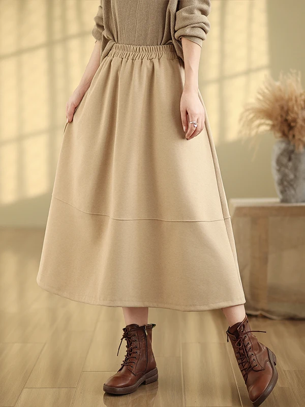 

Свободная юбка трапециевидной формы средней длины, однотонная, с цветочным бутоном, для похудения, женская зимняя новинка, с высокой талией, из смеси хлопка