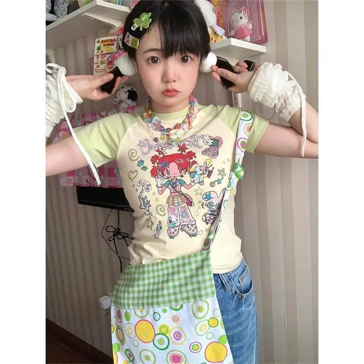 100% Pure Cotton Crop Tops High Quality Elastic Y2K Anime E-girl Grunge T Shirts Japanese Cartoon Cute Raglan Sleeve Summer Tees