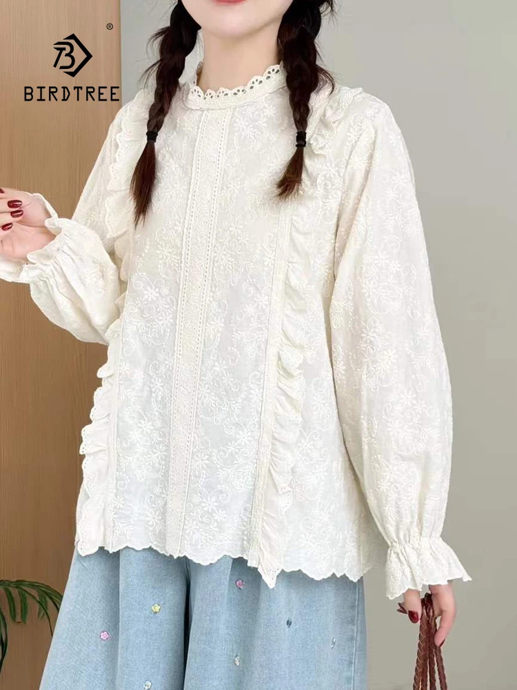 

Новая весенняя хлопковая блузка с длинным рукавом 2026 года, женская, с вышивкой, кружевными вставками, в стиле Mori Girl Preppy, свободного кроя, T61518CC
