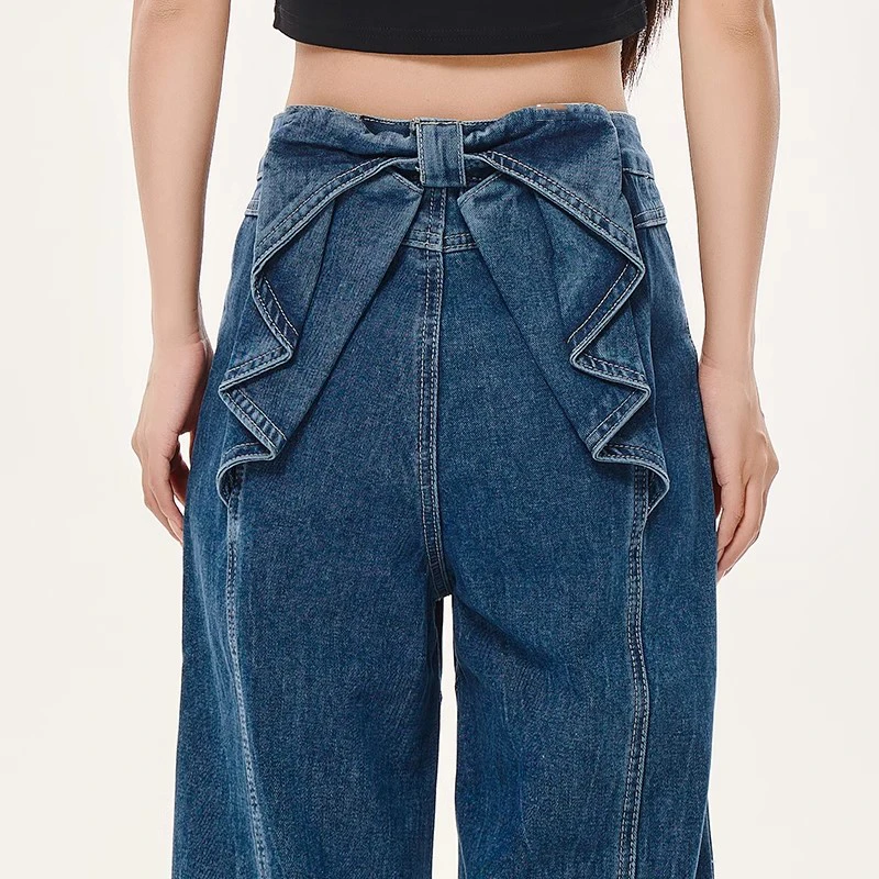 الحلو نمط الشارع الأزرق الأمريكية الرجعية عودة القوس عالية الخصر الجينز للنساء ربيع جديد المتخصصة واسعة الساق مستقيم الساق Y2k السراويل