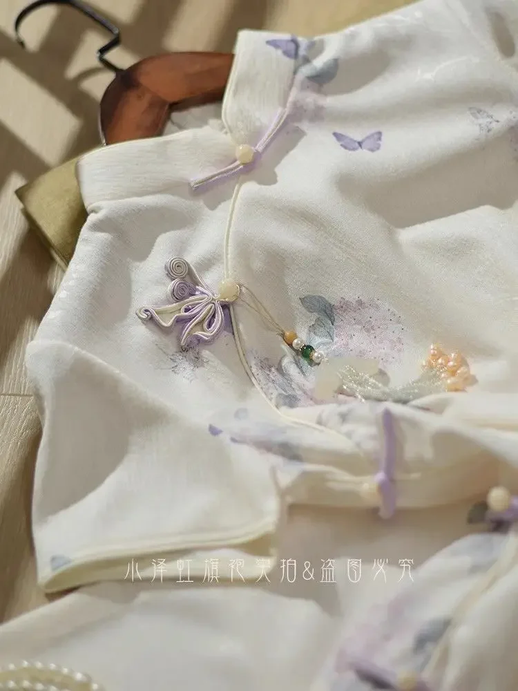 

Новое улучшенное Cheongsam в китайском стиле, 2025 г., бежевое элегантное винтажное летнее повседневное платье Ципао для молодых девушек в литературном стиле