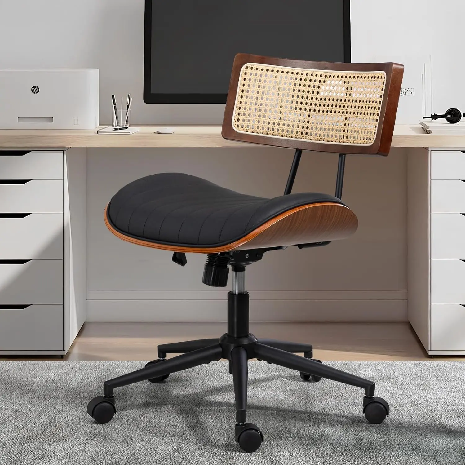 

Armless Adjustable Swivel Office Chair Rattan Backrest Wheels Leather Home Meeting Room Black, Customized