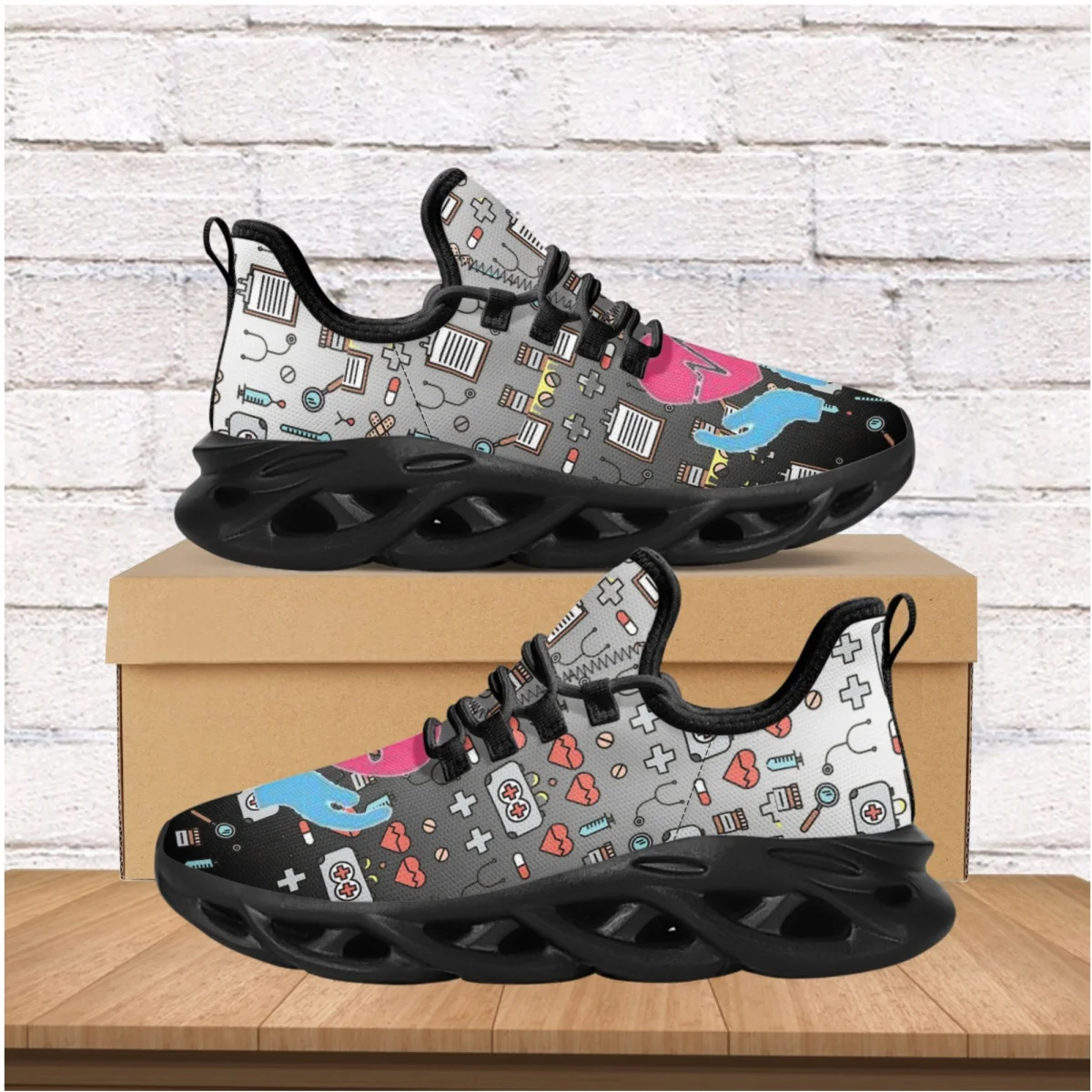 Gradient Medical Heartbeat Print Nursing Shoes Breathable Mesh Ladies Flat Sneakers Lightweight Female Footwear Zapatos Mujer