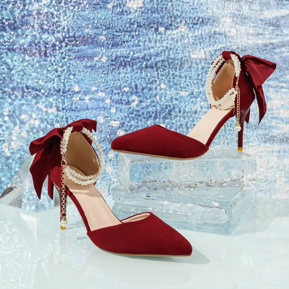 Women's Pumps Thin Heel Wedding Shoes 2026 Red Butterfly Shallow High Heels Buckle Strap Sandals Elegant Pointed Toe Women Shoes