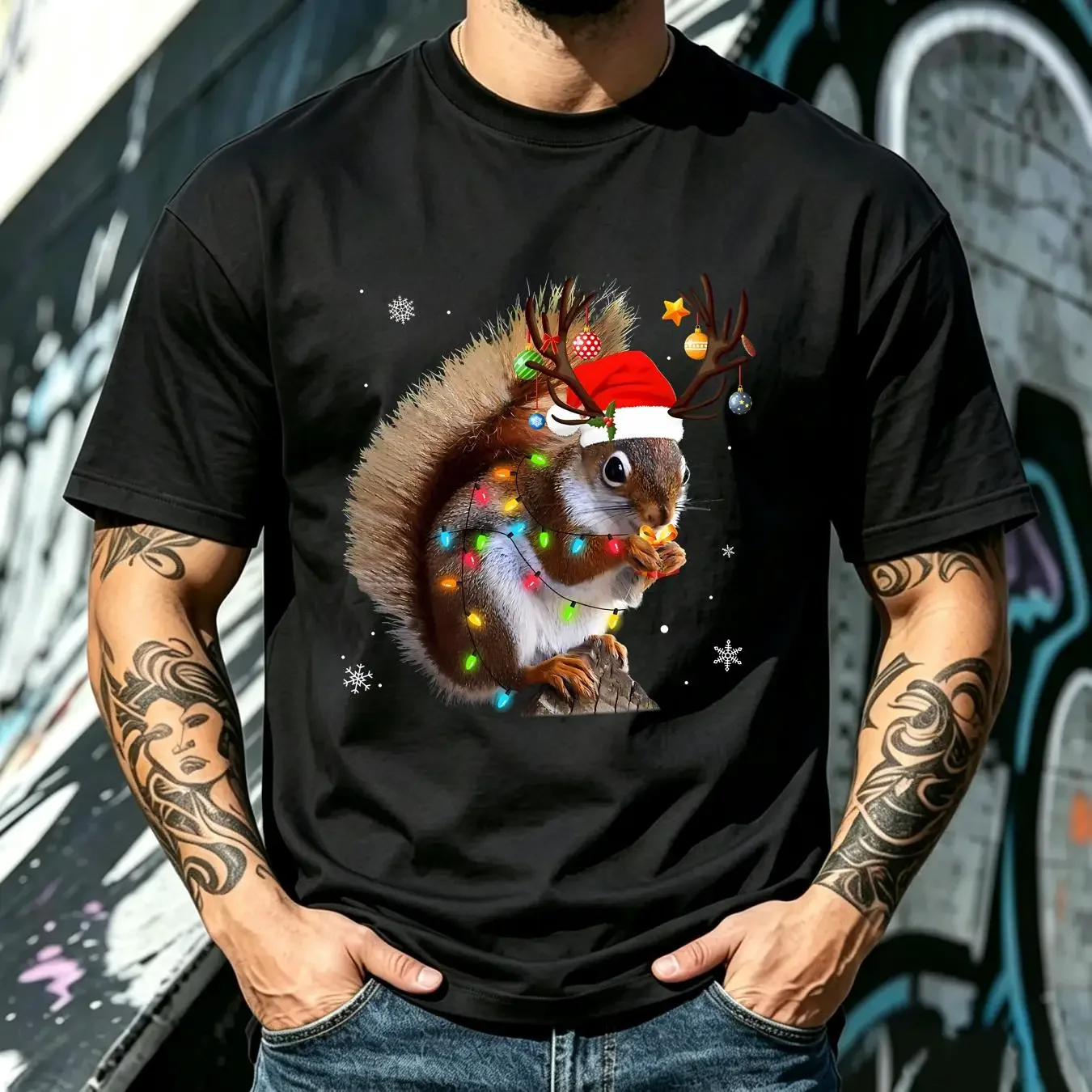 washed T Shirt Funny Squirrel Christmas Reindeer Lights Pajama vintage Washed designer clothes Comfortable Soft