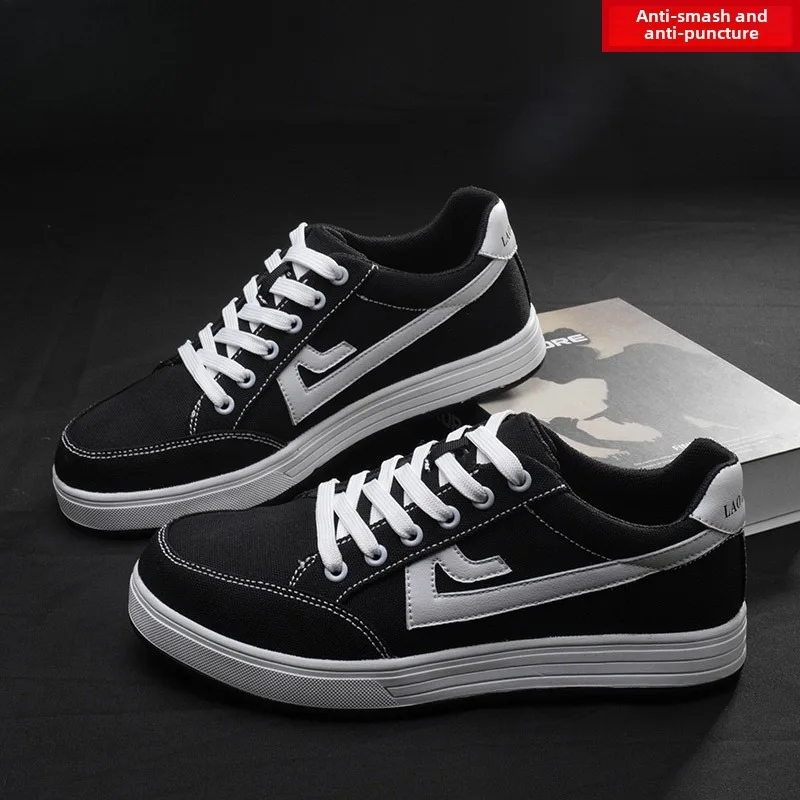Labor protection shoes with steel toe caps, anti smashing and anti rubber soles, canvas breathable and durable protection image 3