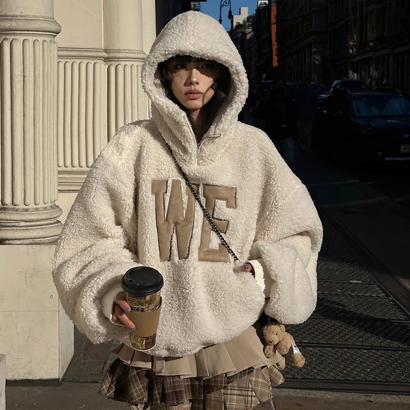 

WE Letter Sweatshirts Hoodies Women Long Sleeve Loose Casual Hem Drawstring Pullovers Zip Up Harajuku Y2K Jumper