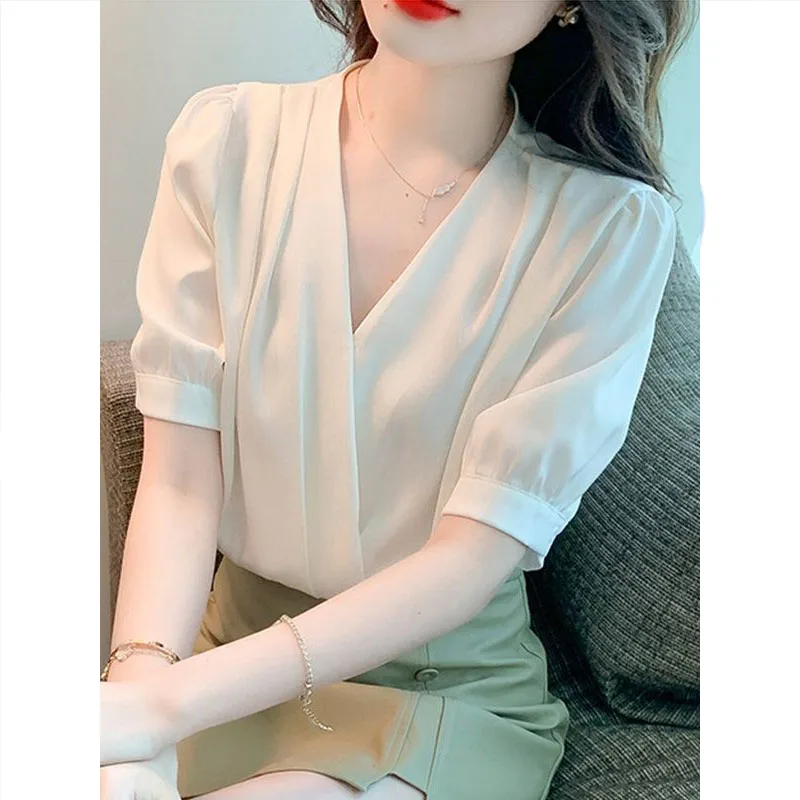 

Korean Acetic Acid Satin Surface Chiffon Women Summer Temperament Puff Sleeve Design Sense Tops V-neck Loose Solid Color Shirt