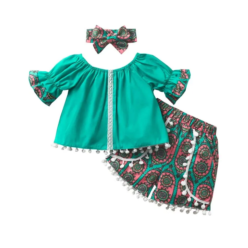 

Baby Girl Clothes Boho Vintage 3 Piece Set 3-24 Months Summer Green Flared Sleeve Top Fifth Pants Hairband Toddler Girls Outfits