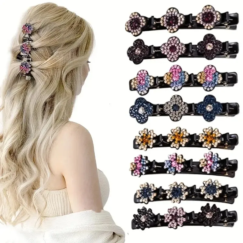 Sparkling Crystal Stone Hair Clips 3 Flower Diamonds Barrettes For Women Girls Sweet Rhinestones Braided Duckbill Hairpin