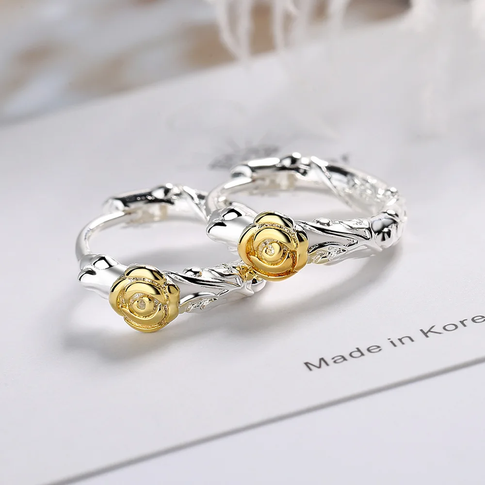 Fashion Creativity Gold Rose Hoops Girl Ear Jewelry Stamp 925 Sterling Silver Earrings For Women Engagement Accessories Gifts