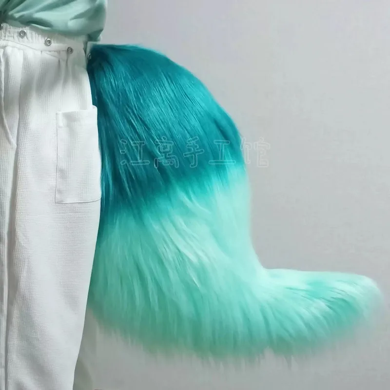 FallenVex Store Teal Gradient Faux Fur Fox Tail, LED Light‑Up Motorized Sound‑Activated Tail, 55cm/70cm Anime Party Costume Prop
