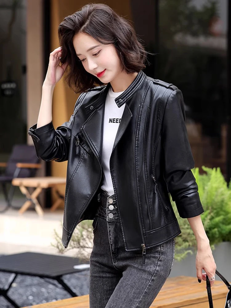 New Women Spring Autumn Motorcycle Leather Jacket Fashion Small Stand Collar Slim Short Biker Coat Casual Split Leather Jacket