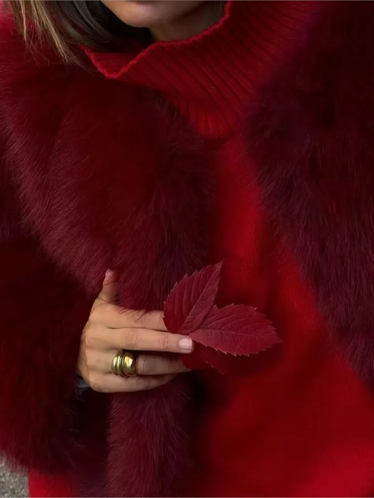 Mode Rode Nepbontjassen Vrouwen Herfst Winter 2025, Nieuwe Vintage Cropped Faux Fur Jasje Pluizige Harige Dikke Warme Bovenkleding