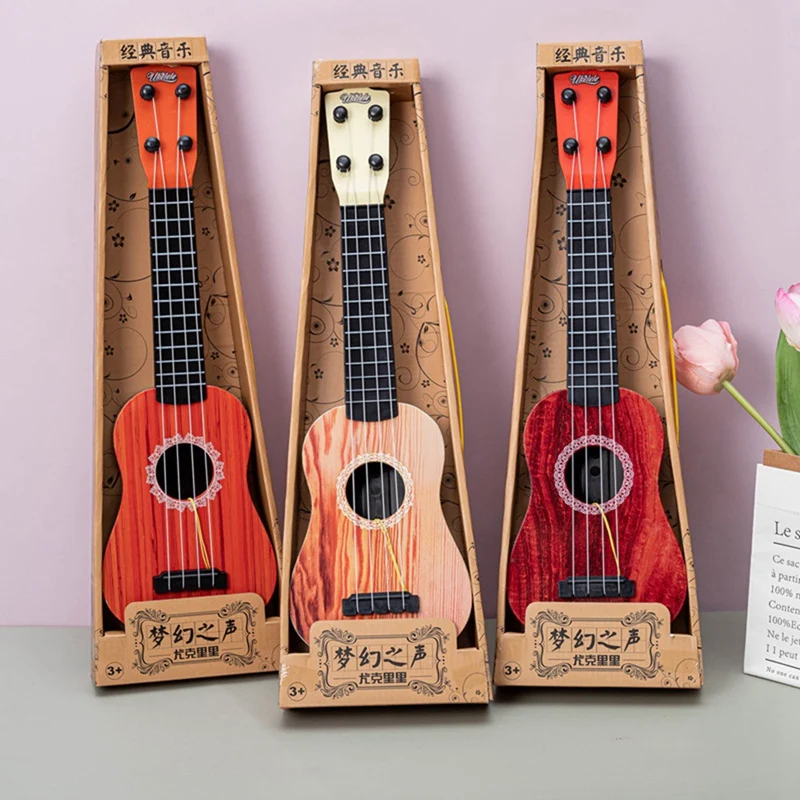 Guitar Toy Simulated Wood Grain Guitar Instrument Mini Four Strings Can Be Played For Early Education