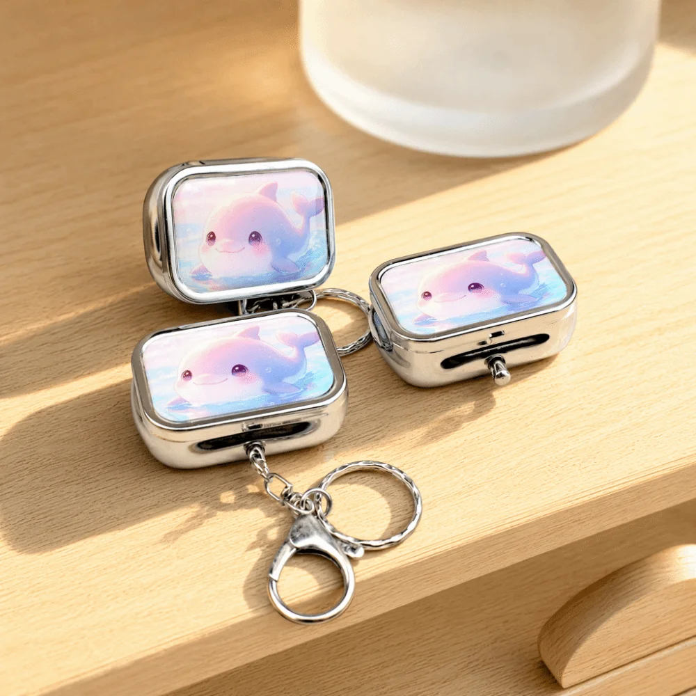 Cartoon Pillbox Keychain Pendant Movable Compartment Portable Jewelry Storage Box Rectangular Metal Keychain Pill Holder Travel