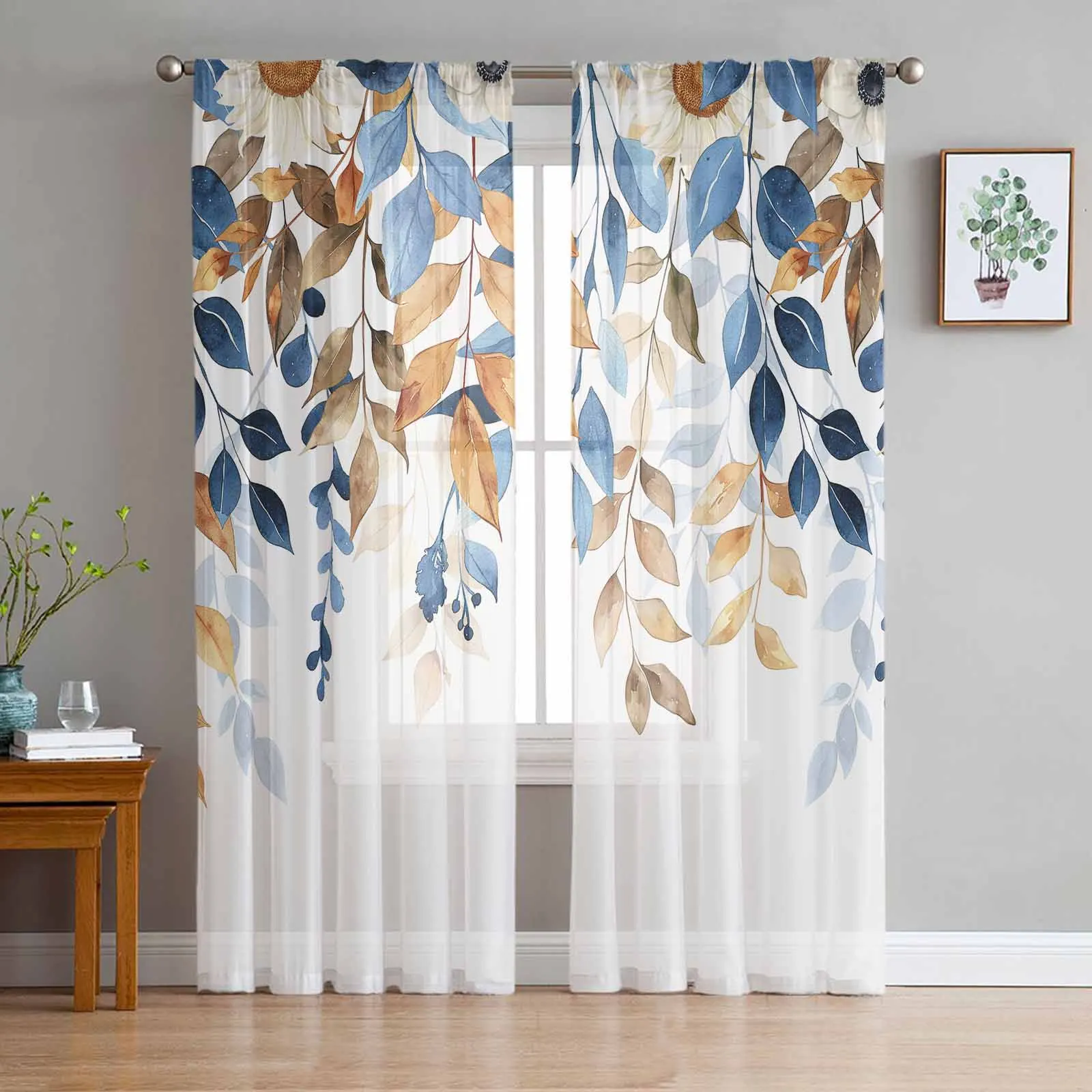 

Autumn Eucalyptus Leaves Plant Tulle Curtains for Living Room Sheer Curtain for Bedroom Kitchen Blinds Voile Curtains