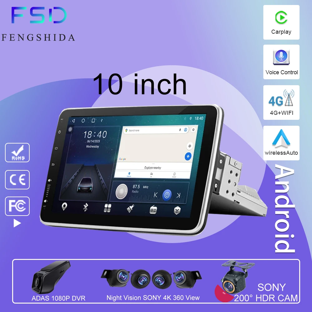 Android Car Multimedia Player 4G WIFI 1Din 32G/64/128G 10inch 360° Rotatable Screen GPS WiFi Universal Stereo Radio Video Player