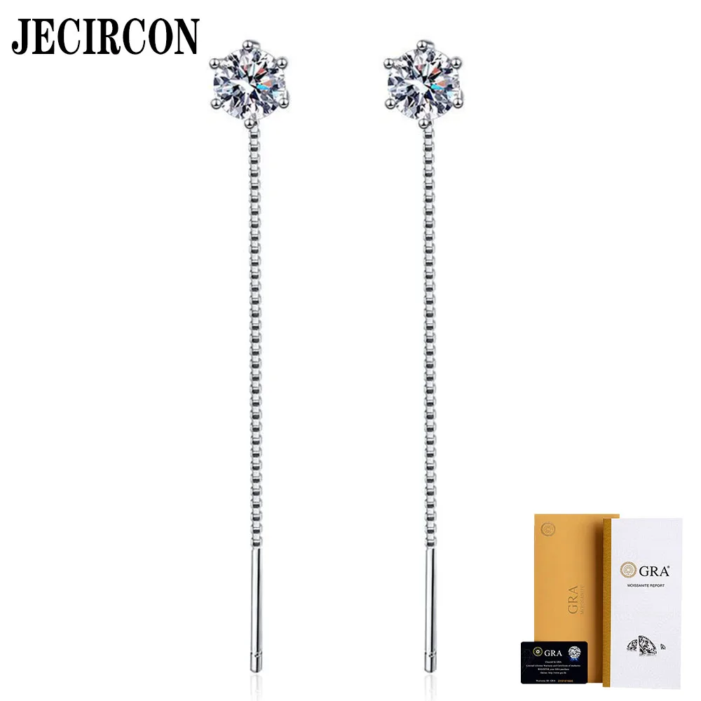 

JECIRCON S925 Sterling Silver Earrings Plated PT950 Moissanite Studs 1 Carat Simple Classic 6 Claw Moissanite Tassel Ear Wire