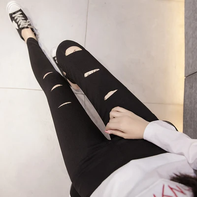 Slimming High-Waisted Women's Leggings Spring Autumn Thin Elastic Cuffed Ankle Length Summer Hole Punching Magic Black