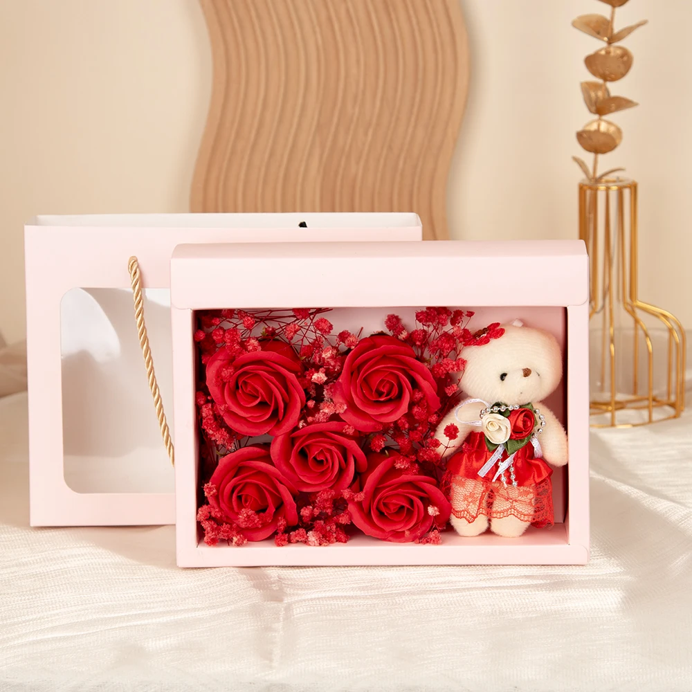 New 5 Pcs Soap Flower With Bear Valentine's Day Gift Rose Small Gift For Home Living Room Garden Anniversary Wedding Decor