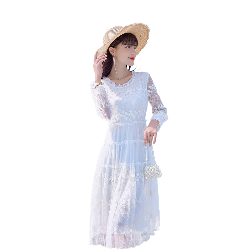 2024 New Silk Dress Women Mulberry silk Embroidered Flower Elegant Long-sleeved Mid-length Skirt Vacation Beach Dress 28046