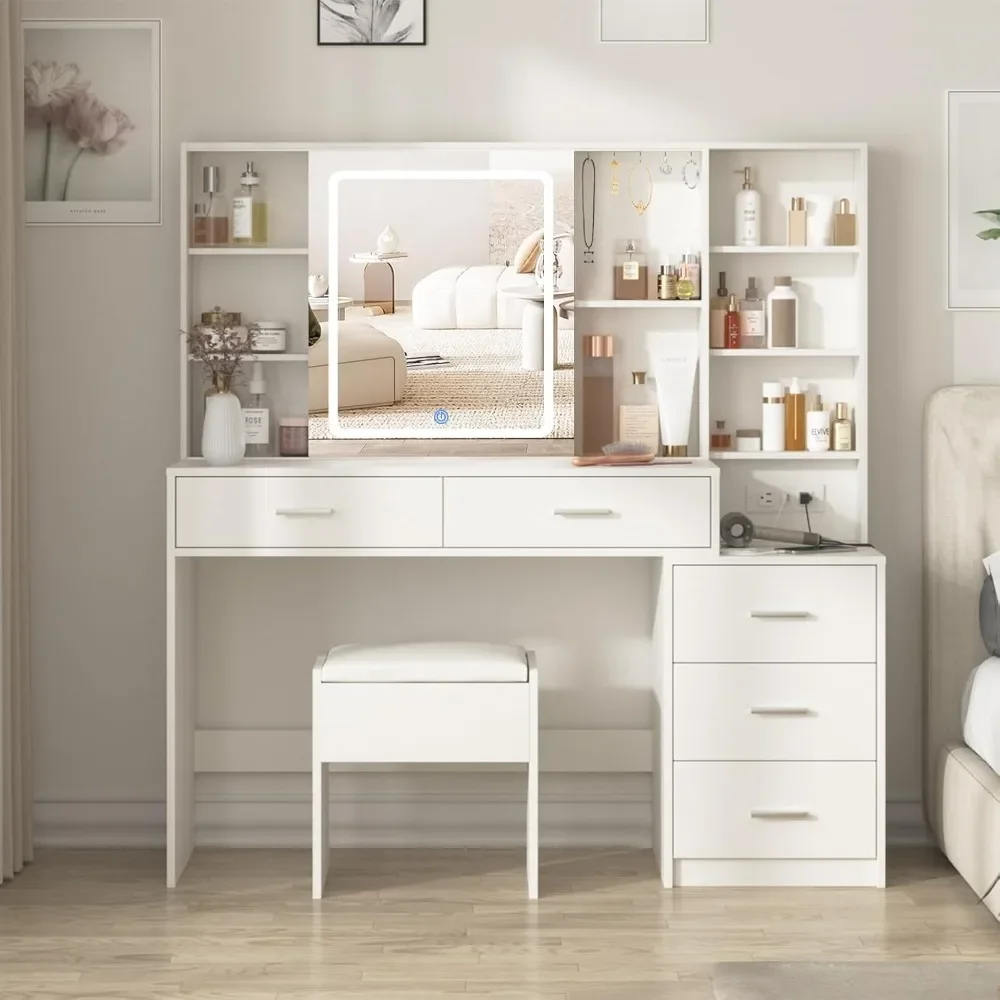 Dressing Table with Mirror and 3 Colors of Lighting, Drawer Storage Space, Hooks, Hidden and Open Shelves, White Dressing Table