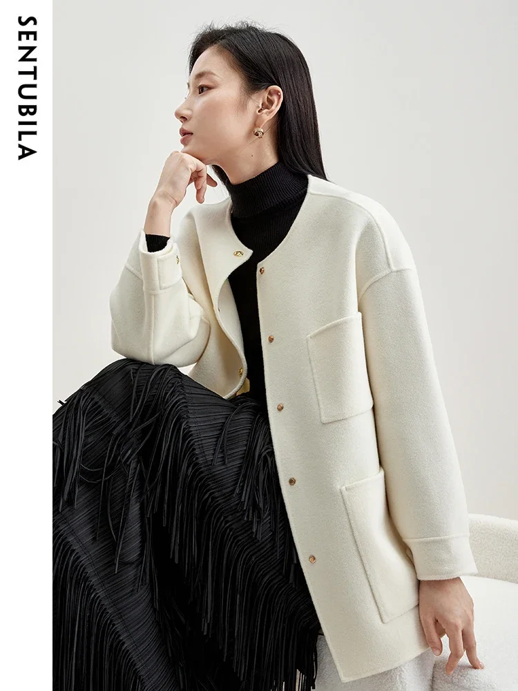 SENTUBILA 100% Wool Elegant Coats Women Loose O-Neck Double Sided Woolen Jacket 2024 Autumn Winter Multiple Pockets W44O58477X