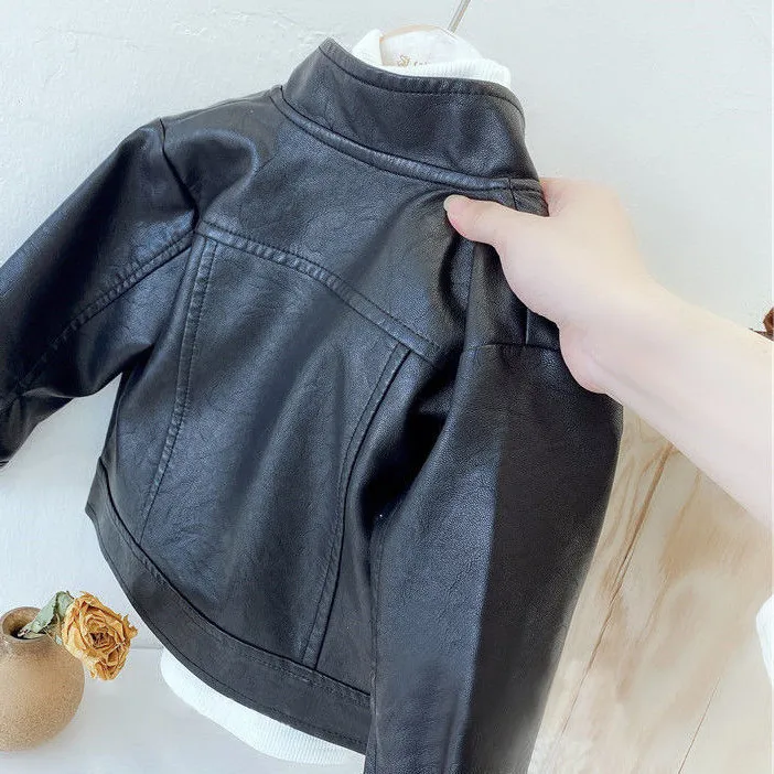 2024 New Girls Boys Black Pu Zipper Jackets Kids Baby Leather Jacket Spring Autumn Cool Coat Children Clothes Overcoats 2-6T