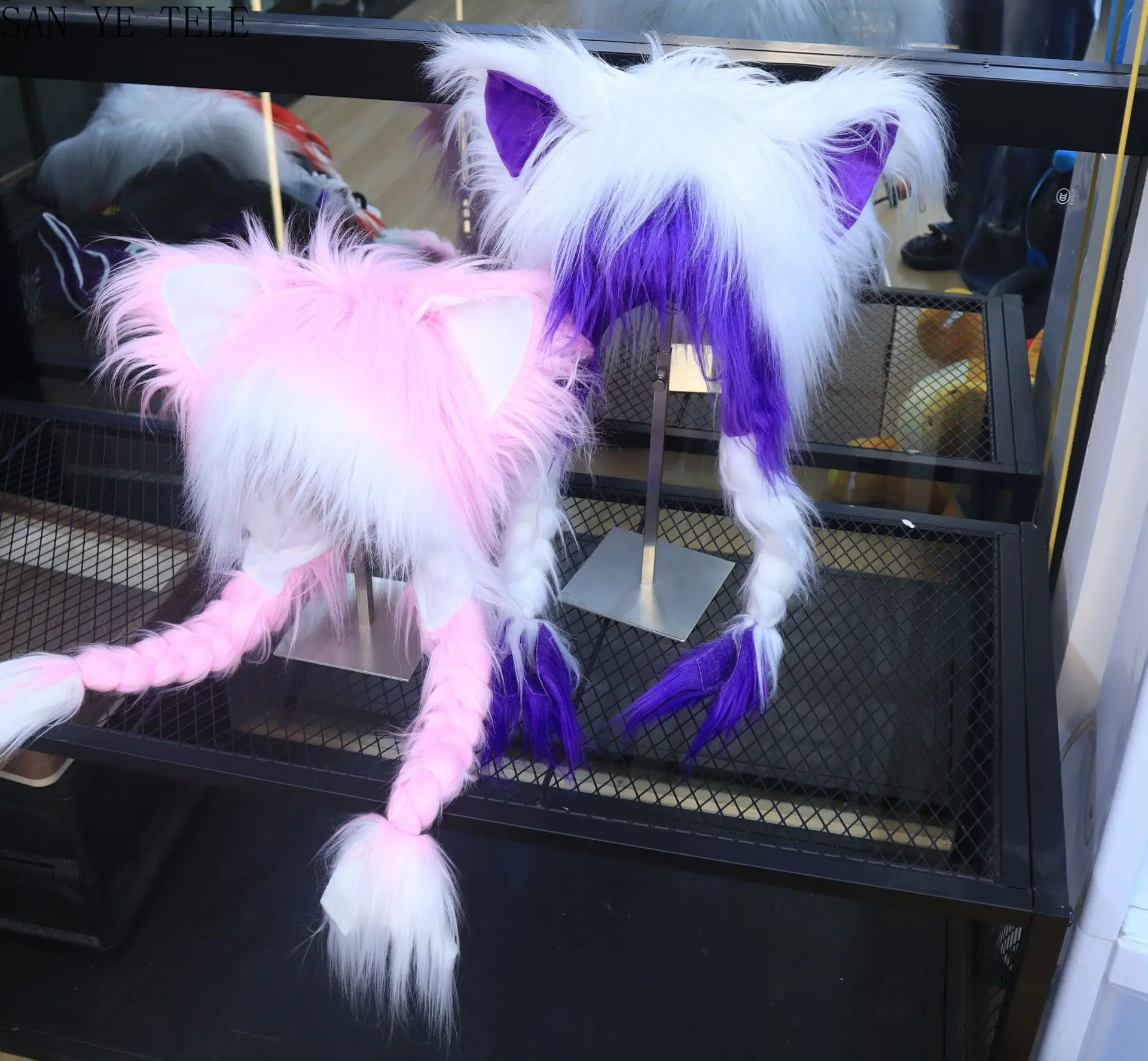 Red Black Cosplay Cat Ear Plush Hat with Braided Warm Fluffy Anime Y2K Subculture Earmuffs Headwear Anime Accessory Hat