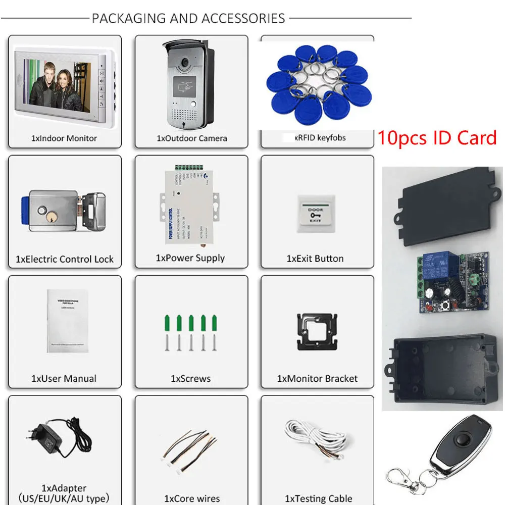 Home Wired 7 inch Video Door Phone Intercom Entry System 1 Monitor + 1 RFID Access IR Camera + Electric Control Door Lock