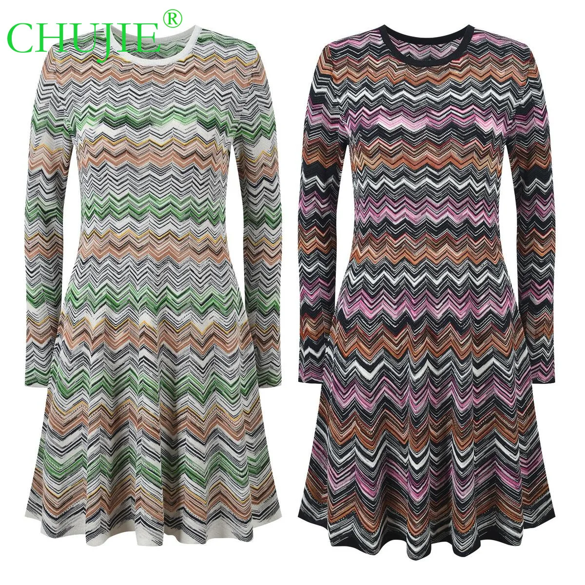 

CHUJIE 2025 Autumn Winter New Color-Block Wave Pattern Design Elegant Fashion Slim Fit Round Neck Long Sleeve Dress