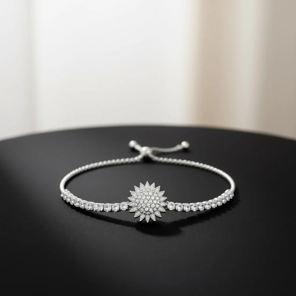 Silver‑Tone Sunflower Full Pave Zircon Bracelet for Women, Adjustable Slider Chain Bold Trendy Glam Statement Fashion Jewelry