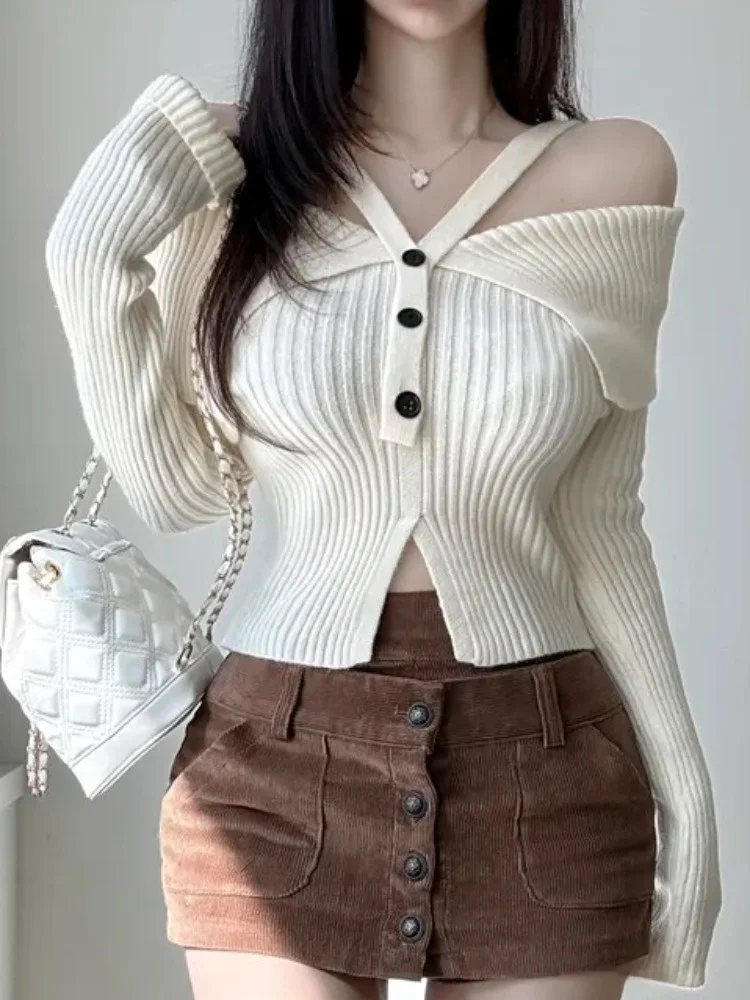 

Chic Early Spring One-oulder Turn-down Collar Knitted Sweater Women Slim Fit ort Sve Long Sve Knitwear Top
