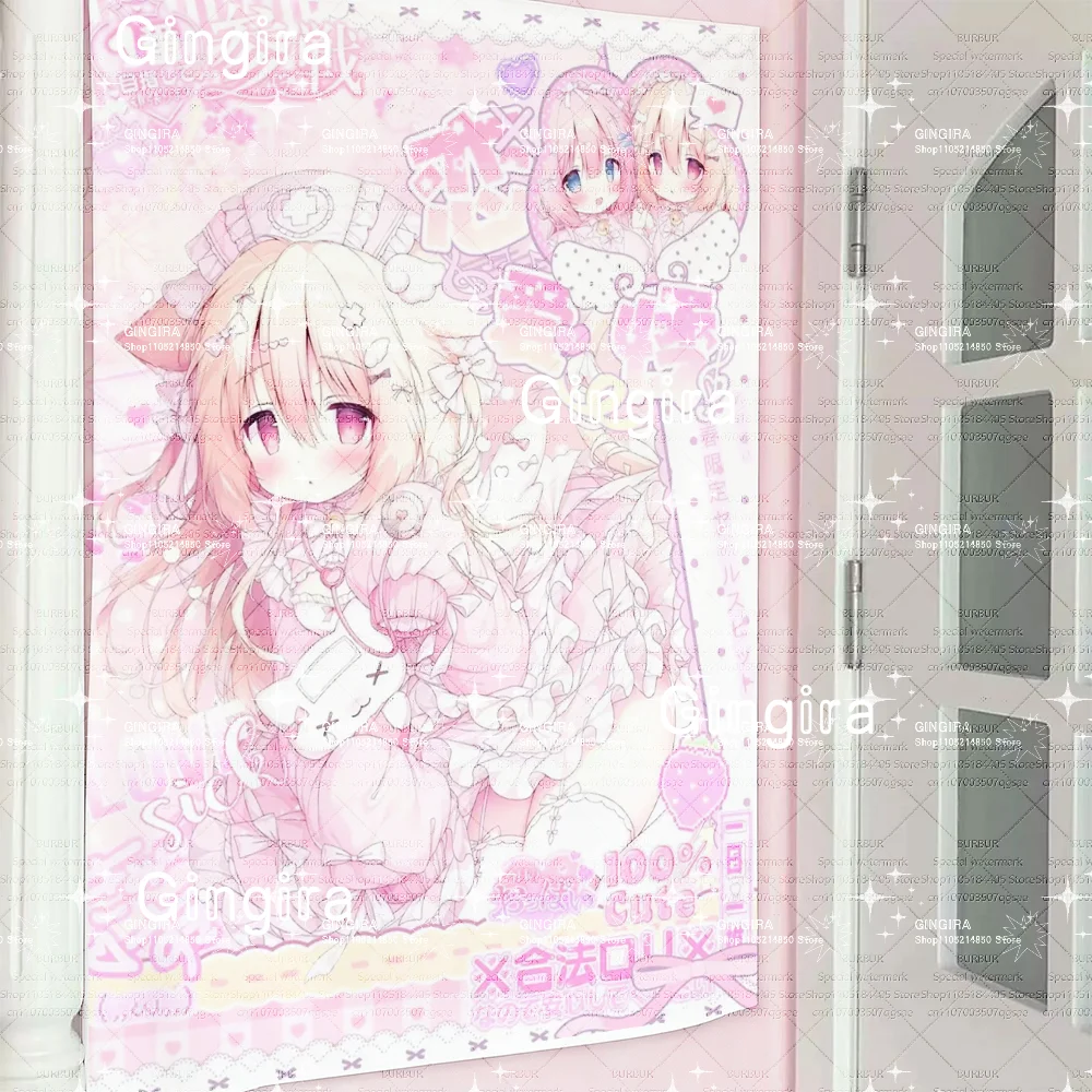 Yami Kawaii Anime Nurse Tapestry | Pastel Pink Cute Bunny Wall Decor | Aesthetic Room Tapestry