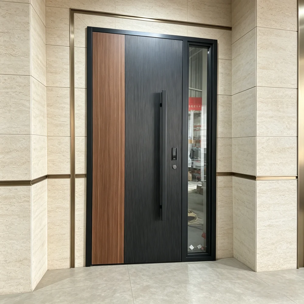 Wood Grain and Gray Double Finish Thick Aluminum Entrance Door with Side Opening Windows and Electronic Locks Security Doors