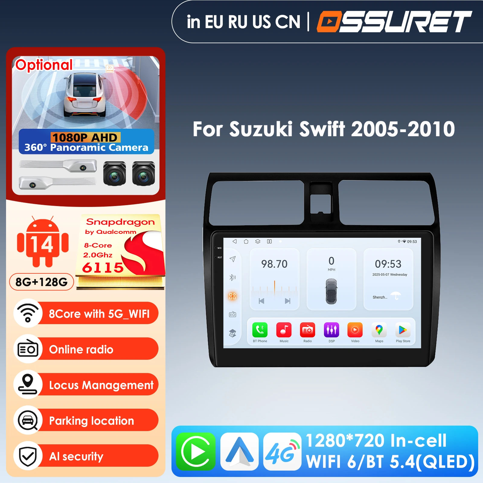 

Автомагнитола Carplay 4G Android 14 для Suzuki Swift 2005-2010 с GPS-навигацией, DSP, FM, BT, SWC, DVR, камерой 360° и мультимедиа