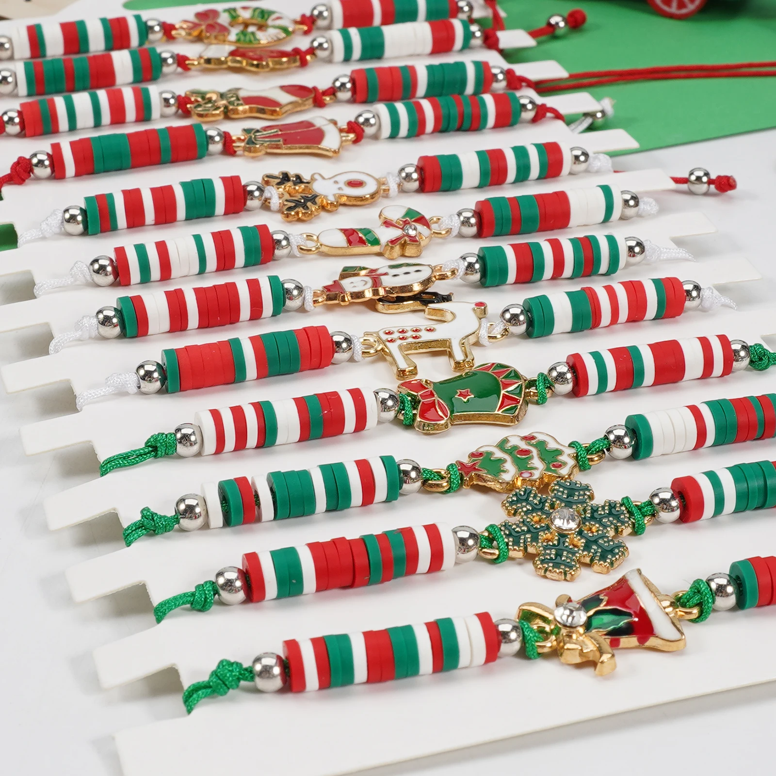 Christmas Themed Woven Bracelet with Christmas Tree Bell Santa Claus And Snowman Design for Holiday Gifts And Decorations