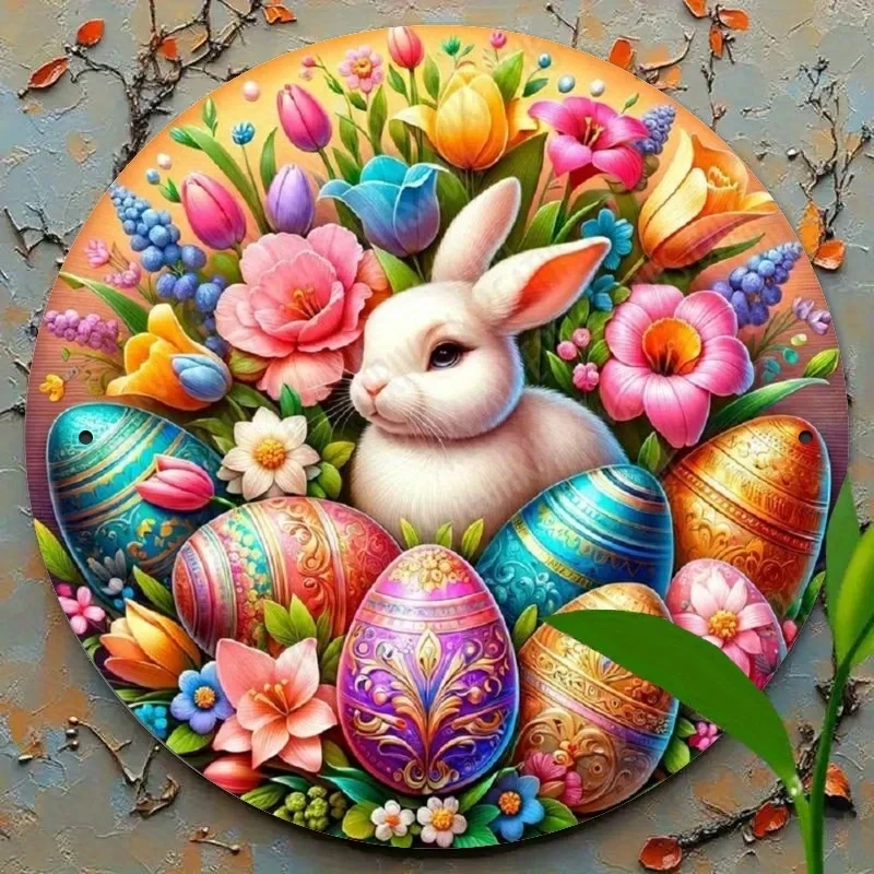 Easter Bunny 8X 8inch Round Iron Art Sign - Vibrant Floral and Egg Designs, Perfect for Decorating Bedrooms, Kitchens, Dining Rooms, and Bars, Easy to Use